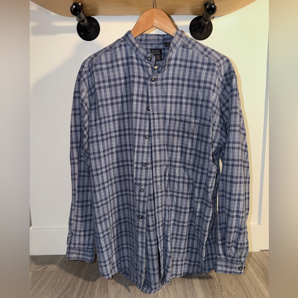 Vintage Casual Blue Plaid Mandarin Collar Men's Shirt